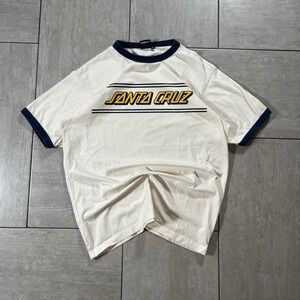 Santa Cruz Mens Ringer Tee Cream Navy Blue Graphic Logo Skate Shirt Large
